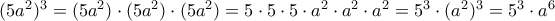 (5a^{2})^{3}=(5a^{2})\cdot (5a^{2})\cdot (5a^{2})=5\cdot 5\cdot 5\cdot a^{2}\cdot a^{2}\cdot a^{2}=5^{3}\cdot (a^{2})^{3}=5^{3}\cdot a^{6}