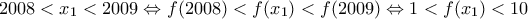 2008<x_{1}<2009\Leftrightarrow f(2008)<f(x_{1})<f(2009)\Leftrightarrow 1<f(x_{1})<10