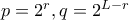 p=2^r, q=2^{L-r}