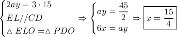\left\{ \begin{gathered} 
  2ay = 3 \cdot 15 \hfill \\ 
  EL//CD \hfill \\ 
  \vartriangle ELO = \vartriangle PDO \hfill \\  
\end{gathered}  \right. \Rightarrow \left\{ \begin{gathered} 
  ay = \frac{{45}}{2} \hfill \\ 
  6x = ay \hfill \\  
\end{gathered}  \right. \Rightarrow \boxed{x = \frac{{15}}{4}}