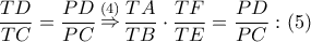 \dfrac{{TD}}{{TC}} = \dfrac{{PD}}{{PC}}\mathop  \Rightarrow \limits^{\left( 4 \right)} \dfrac{{TA}}{{TB}} \cdot \dfrac{{TF}}{{TE}} = \dfrac{{PD}}{{PC}}:\left( 5 \right)