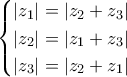 \begin{cases} 
|{{z}_{1}}|=|{{z}_{2}}+{{z}_{3}}| \\  
|{{z}_{2}}|=|{{z}_{1}}+{{z}_{3}}| \\  
|{{z}_{3}}|=|{{z}_{2}}+{{z}_{1}}| \\  
\end{cases}