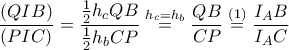 \displaystyle  \dfrac{(QIB)}{(PIC)} = \dfrac{\frac{1}{2}h_cQB}{\frac{1}{2}h_bCP} \overset{h_c=h_b}{=} \dfrac{QB}{CP} \overset{(1)}{=} \dfrac{I_AB}{I_AC} 