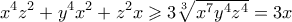 \displaystyle{ x^4z^2 + y^4x^2 + z^2x \geqslant 3 \sqrt[3]{x^7y^4z^4} = 3x}