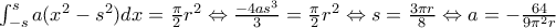 \int_{-s}^{s}a(x^2-s^2)dx=\frac{\pi}{2}r^2\Leftrightarrow \frac{-4as^3}{3}=\frac{\pi}{2}r^2\Leftrightarrow s=\frac{3{\pi}r}{8}\Leftrightarrow a=-\frac{64}{9{\pi^2}r}