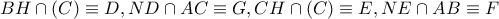 BH\cap{(C)}\equiv D , ND\cap{AC}\equiv G , CH\cap{(C)}\equiv E , 
NE\cap{AB}\equiv F