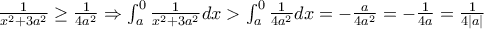 \frac{1}{x^{2}+3a^{2}}\geq \frac{1}{4a^{2}}\Rightarrow \int_{a}^{0}{\frac{1}{x^{2}+3a^{2}}}dx>\int_{a}^{0}{\frac{1}{4a^{2}}}dx=-\frac{a}{4a^{2}}=-\frac{1}{4a}=\frac{1}{4\left|a \right|}