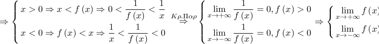 \displaystyle{ \Rightarrow \left\{ \begin{gathered} 
  x > 0 \Rightarrow x < f\left( x \right) \Rightarrow 0 < \frac{1}{{f\left( x \right)}} < \frac{1}{x} \hfill \\ 
  x < 0 \Rightarrow f\left( x \right) < x \Rightarrow \frac{1}{x} < \frac{1}{{f\left( x \right)}} < 0 \hfill \\  
\end{gathered}  \right.\,\,\mathop  \Rightarrow \limits^{K\rho .\Pi \alpha \rho } \left\{ \begin{gathered} 
  \mathop {\lim }\limits_{x \to  + \infty } \frac{1}{{f\left( x \right)}} = 0,f\left( x \right) > 0 \hfill \\ 
  \mathop {\lim }\limits_{x \to  - \infty } \frac{1}{{f\left( x \right)}} = 0,f\left( x \right) < 0 \hfill \\  
\end{gathered}  \right. \Rightarrow \left\{ \begin{gathered} 
  \mathop {\lim }\limits_{x \to  + \infty } f\left( x \right) =  + \infty  \hfill \\ 
  \mathop {\lim }\limits_{x \to  - \infty } f\left( x \right) =  - \infty  \hfill \\  
\end{gathered}  \right.}