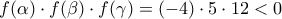 \displaystyle{f(\alpha ) \cdot f(\beta ) \cdot f(\gamma ) = ( - 4) \cdot 5 \cdot 12 < 0}