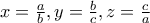 x=\frac{a}{b}, y=\frac{b}{c}, z=\frac{c}{a}