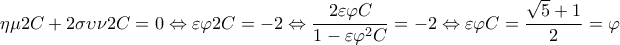  \displaystyle \eta \mu 2C + 2\sigma \upsilon \nu 2C = 0 \Leftrightarrow \varepsilon \varphi 2C =  - 2 \Leftrightarrow \frac{{2\varepsilon \varphi C}}{{1 - \varepsilon {\varphi ^2}C}} =  - 2 \Leftrightarrow \varepsilon \varphi C = \frac{{\sqrt 5  + 1}}{2} = \varphi 