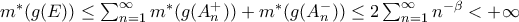 m^*(g(E))\leq \sum_{n=1}^\infty m^*(g(A_n^+))+m^*(g(A_n^-))\leq 2\sum_{n=1}^\infty n^{-\beta}<+\infty