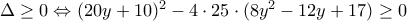 \Delta\geq 0\Leftrightarrow (20y+10)^2-4\cdot 25\cdot (8y^2-12y+17)\geq 0