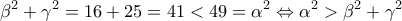 \displaystyle{{\beta ^2} + {\gamma ^2} = 16 + 25 = 41 < 49 = {\alpha ^2} \Leftrightarrow {\alpha ^2} > {\beta ^2} + {\gamma ^2}}