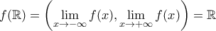 \displaystyle{f(\mathbb{R})=\left( \lim_{x\rightarrow -\infty}f(x),\lim_{x\rightarrow +\infty}f(x)\right)=\mathbb{R}}