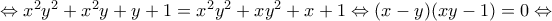\Leftrightarrow x^2y^2+x^2y+y+1=x^2y^2+xy^2+x+1\Leftrightarrow (x-y)(xy-1)=0\Leftrightarrow