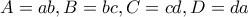 A=ab, B=bc,C=cd,D=da