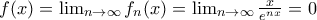 f(x)=\lim_{n\rightarrow \infty}f_n(x)=\lim_{n\rightarrow\infty}\frac{x}{e^{nx}}=0