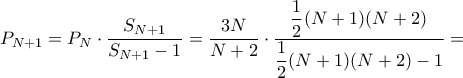 P_{N+1}= P_N\cdot \dfrac {S_{N+1}}{S_{N+1}-1}=\dfrac {3N}{N+2}\cdot \dfrac {\dfrac {1}{2} (N+1)(N+2)} {\dfrac {1}{2} (N+1)(N+2)-1} = 