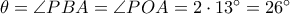 \theta = \angle PBA = \angle POA = 2\cdot 13^{\circ} = 26^{\circ}