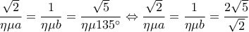  \displaystyle \frac{{\sqrt 2 }}{{\eta \mu a}} = \frac{1}{{\eta \mu b}} = \frac{{\sqrt 5 }}{{\eta \mu 135^\circ }} \Leftrightarrow \frac{{\sqrt 2 }}{{\eta \mu a}} = \frac{1}{{\eta \mu b}} = \frac{{2\sqrt 5 }}{{\sqrt 2 }}