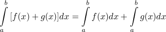 \displaystyle{ 
\int\limits_a^b {[f(x) + g(x)]dx}  = \int\limits_a^b {f(x)dx}  + \int\limits_a^b {g(x)dx}  
}