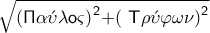 \sqrt{{{\mathsf{(\Pi \alpha  \acute{\upsilon} \lambda o\varsigma )}}^{\mathsf{2}}}\mathsf{+(\ T \rho \acute{\upsilon} \varphi \omega \nu }{{\mathsf{)}}^{\mathsf{2}}}}