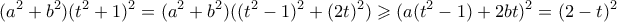 \displaystyle  (a^2+b^2)(t^2+1)^2 = (a^2+b^2)((t^2-1)^2+(2t)^2) \geqslant (a(t^2-1)+2bt)^2 = (2-t)^2