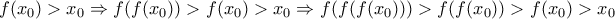 \displaystyle{ 
f(x_0 ) > x_0  \Rightarrow f(f(x_0 )) > f(x_0 ) > x_0  \Rightarrow f(f(f(x_0 ))) > f(f(x_0 )) > f(x_0 ) > x_0  
}