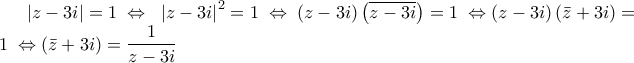 \displaystyle 
\left| {z - 3i} \right| = 1\; \Leftrightarrow \;\;\left| {z - 3i} \right|^2  = 1\; \Leftrightarrow \;\left( {z - 3i} \right)\left( {\overline {z - 3i} } \right) = 1\; \Leftrightarrow \left( {z - 3i} \right)\left( {\bar z + 3i} \right) = 1\; \Leftrightarrow \left( {\bar z + 3i} \right) = \frac{1}{{z - 3i}}