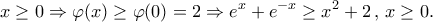 \displaystyle{x \ge 0 \Rightarrow \varphi (x) \ge \varphi (0) = 2 \Rightarrow {e^x} + {e^{ - x}} \ge {x^2} + 2\,,\,x \ge 0.}