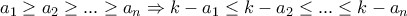 a_1\geq a_2 \geq ... \geq a_n \Rightarrow k-a_1\leq k-a_2\leq ...\leq k-a_n a_1\geq a_2 \geq ... \geq a_n \Rightarrow k-a_1\leq k-a_2\leq ...\leq k-a_n