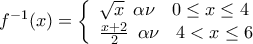 \displaystyle{ 
f^{ - 1} (x) = \left\{ \begin{array}{l} 
 \sqrt x \begin{array}{*{20}c} 
   {\alpha \nu } & {0 \le x \le 4}  \\ 
\end{array} \\  
 \frac{{x + 2}}{2}\begin{array}{*{20}c} 
   {\alpha \nu } & {4 < x \le 6}  \\ 
\end{array} \\  
 \end{array} \right. 
}