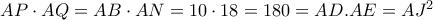 AP \cdot AQ = AB \cdot AN = 10 \cdot 18 = 180 = AD.AE = A{J^2}