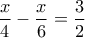\displaystyle \frac {x}{4} -  \frac {x}{6} = \frac {3}{2}