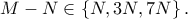 \displaystyle{M - N \in \left\{ {N,3N,7N} \right\}.}