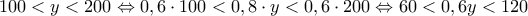 \displaystyle{100<y<200 \Leftrightarrow 0,6\cdot 100<0,8\cdot y<0,6\cdot 200  \Leftrightarrow 60< 0,6y<120}