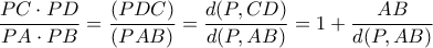 \dfrac{PC \cdot PD}{PA \cdot PB}=\dfrac{(PDC)}{(PAB)}=\dfrac{d(P,CD)}{d(P,AB)}=1+\dfrac{AB}{d(P,AB)}