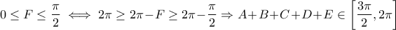 0\leq F\leq \dfrac{\pi}{2}\iff 2\pi\geq 2\pi-F\geq 2\pi-\dfrac{\pi}{2}\Rightarrow A+B+C+D+E\in\left[\dfrac{3\pi}{2},2\pi\right]