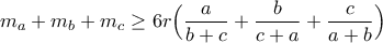 \displaystyle{m_{a}+m_{b}+m_{c}\geq 6r\Big(\frac{a}{b+c}+\frac{b}{c+a}+\frac{c}{a+b}\Big)}