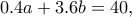0.4a+3.6b=40,
