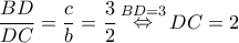 \displaystyle \frac{{BD}}{{DC}} = \frac{c}{b} = \frac{3}{2}\mathop  \Leftrightarrow \limits^{BD = 3} DC = 2