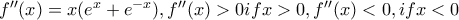 f''(x)=x(e^{x}+e^{-x}),f''(x)>0  if x>0,f''(x)<0,  if  x<0