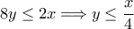 \displaystyle{8y\leq 2x \Longrightarrow y \leq \frac{x}{4}}