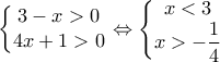\displaystyle{\left\{\begin{matrix} 
3-x>0\\  
4x+1>0 
\end{matrix}\right}\Leftrightarrow \left\{\begin{matrix} 
x<3\\  
x>-\displaystyle\frac{1}{4} 
\end{matrix}\right}}