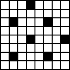 \begin{tikzpicture}[scale=0.6,line cap=round,line join=round,>=triangle 45,x=1.0cm,y=1.0cm] 
\clip(-0.74,-0.46) rectangle (8.74,8.52); 
\fill[line width=2.pt,fill=black,fill opacity=1.0] (1.,2.) -- (1.,1.) -- (2.,1.) -- (2.,2.) -- cycle; 
\fill[line width=2.pt,fill=black,fill opacity=1.0] (5.,2.) -- (5.,1.) -- (6.,1.) -- (6.,2.) -- cycle; 
\fill[line width=2.pt,fill=black,fill opacity=1.0] (3.,4.) -- (3.,3.) -- (4.,3.) -- (4.,4.) -- cycle; 
\fill[line width=2.pt,fill=black,fill opacity=1.0] (7.,4.) -- (7.,3.) -- (8.,3.) -- (8.,4.) -- cycle; 
\fill[line width=2.pt,fill=black,fill opacity=1.0] (1.,6.) -- (1.,5.) -- (2.,5.) -- (2.,6.) -- cycle; 
\fill[line width=2.pt,fill=black,fill opacity=1.0] (5.,6.) -- (5.,5.) -- (6.,5.) -- (6.,6.) -- cycle; 
\fill[line width=2.pt,fill=black,fill opacity=1.0] (3.,8.) -- (3.,7.) -- (4.,7.) -- (4.,8.) -- cycle; 
\draw [line width=2.pt] (0.,8.)-- (0.,0.); 
\draw [line width=2.pt] (0.,0.)-- (8.,0.); 
\draw [line width=2.pt] (8.,0.)-- (8.,8.); 
\draw [line width=2.pt] (8.,8.)-- (0.,8.); 
\draw [line width=2.pt] (0.,7.)-- (8.,7.); 
\draw [line width=2.pt] (8.,6.)-- (0.,6.); 
\draw [line width=2.pt] (0.,5.)-- (8.,5.); 
\draw [line width=2.pt] (8.,4.)-- (0.,4.); 
\draw [line width=2.pt] (0.,3.)-- (8.,3.); 
\draw [line width=2.pt] (8.,2.)-- (0.,2.); 
\draw [line width=2.pt] (0.,1.)-- (8.,1.); 
\draw [line width=2.pt] (1.,0.)-- (1.,8.); 
\draw [line width=2.pt] (2.,8.)-- (2.,0.); 
\draw [line width=2.pt] (3.,8.)-- (3.,0.); 
\draw [line width=2.pt] (4.,0.)-- (4.,8.); 
\draw [line width=2.pt] (5.,8.)-- (5.,0.); 
\draw [line width=2.pt] (6.,0.)-- (6.,8.); 
\draw [line width=2.pt] (7.,8.)-- (7.,0.); 
\draw [line width=2.pt] (1.,2.)-- (1.,1.); 
\draw [line width=2.pt] (1.,1.)-- (2.,1.); 
\draw [line width=2.pt] (2.,1.)-- (2.,2.); 
\draw [line width=2.pt] (2.,2.)-- (1.,2.); 
\draw [line width=2.pt] (5.,2.)-- (5.,1.); 
\draw [line width=2.pt] (5.,1.)-- (6.,1.); 
\draw [line width=2.pt] (6.,1.)-- (6.,2.); 
\draw [line width=2.pt] (6.,2.)-- (5.,2.); 
\draw [line width=2.pt] (3.,4.)-- (3.,3.); 
\draw [line width=2.pt] (3.,3.)-- (4.,3.); 
\draw [line width=2.pt] (4.,3.)-- (4.,4.); 
\draw [line width=2.pt] (4.,4.)-- (3.,4.); 
\draw [line width=2.pt] (7.,4.)-- (7.,3.); 
\draw [line width=2.pt] (7.,3.)-- (8.,3.); 
\draw [line width=2.pt] (8.,3.)-- (8.,4.); 
\draw [line width=2.pt] (8.,4.)-- (7.,4.); 
\draw [line width=2.pt] (1.,6.)-- (1.,5.); 
\draw [line width=2.pt] (1.,5.)-- (2.,5.); 
\draw [line width=2.pt] (2.,5.)-- (2.,6.); 
\draw [line width=2.pt] (2.,6.)-- (1.,6.); 
\draw [line width=2.pt] (5.,6.)-- (5.,5.); 
\draw [line width=2.pt] (5.,5.)-- (6.,5.); 
\draw [line width=2.pt] (6.,5.)-- (6.,6.); 
\draw [line width=2.pt] (6.,6.)-- (5.,6.); 
\draw [line width=2.pt] (3.,8.)-- (3.,7.); 
\draw [line width=2.pt] (3.,7.)-- (4.,7.); 
\draw [line width=2.pt] (4.,7.)-- (4.,8.); 
\draw [line width=2.pt] (4.,8.)-- (3.,8.); 
\end{tikzpicture}